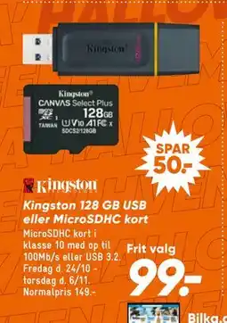 Bilka Kingston 128 GB USB eller MicroSDHC kort, DKK 99 tilbud