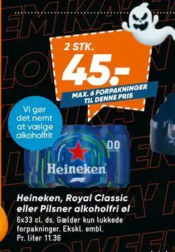 Bilka Heineken, Royal Classic eller Pilsner alkoholfri øl, DKK 45 tilbud