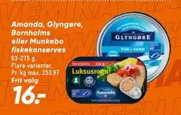 Bilka Amanda, Glyngøre, Bornholms eller Munkebo fiskekonserves, DKK 16 tilbud