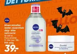 Bilka Nivea micellar water, essentials dag- eller natcreme, DKK 39 tilbud