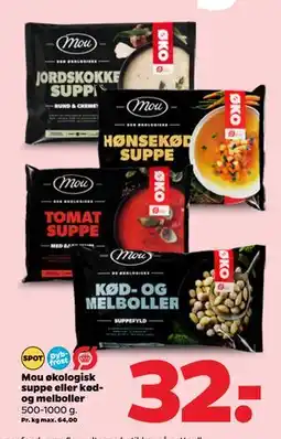 Netto Mou økologisk suppe eller kød- og melboller, DKK 32 tilbud