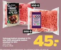 Netto Velsmag hakket oksekød 4-7% eller ØGO økologisk hakket oksekød 14-18%, DKK 45 tilbud