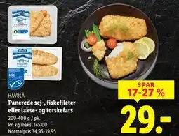 Lidl Panerede sej-, fiskefileter eller lakse- og torskefars, DKK 29 tilbud
