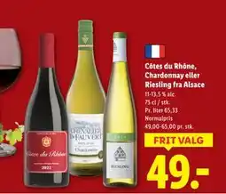 Lidl Côtes du Rhône, Chardonnay eller Riesling fra Alsace, DKK 49 tilbud
