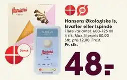 SPAR Hansens Økologiske Is, Isvafler eller Ispinde, DKK 48 tilbud