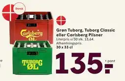 SPAR Grøn Tuborg, Tuborg Classic eller Carlsberg Pilsner, DKK 135 tilbud