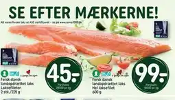 REMA 1000 Fersk dansk landopdrættet laks Hel laksefilet 600 g, DKK 99 tilbud