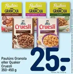 REMA 1000 Paulúns Granola eller Quaker Cruesli 350-450 g, DKK 25 tilbud