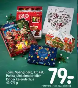 REMA 1000 Toms, Spangsberg, Kit Kat, Pukka julekalender eller Kinder kalenderhus 43-271 g, DKK 79 tilbud