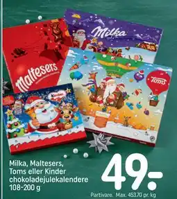 REMA 1000 Milka, Maltesers, Toms eller Kinder chokoladejulekalendere 108-200 g, DKK 49 tilbud