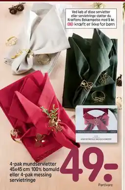 REMA 1000 4-pak mundservietter 45x45 cm 100% bomuld eller 4-pak messing servietringe, DKK 49 tilbud