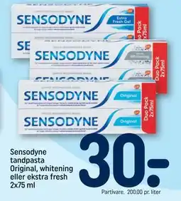 REMA 1000 Sensodyne tandpasta Original, whitening eller ekstra fresh 2x75 ml, DKK 30 tilbud