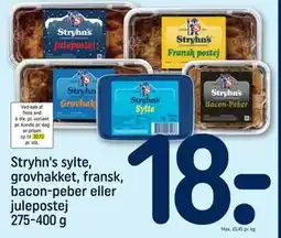 REMA 1000 Stryhn's sylte, grovhakket, fransk, bacon-peber eller julepostej, DKK 18 tilbud