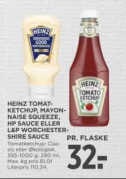 MENY HEINZ TOMATKETCHUP, MAYONNAISE SQUEEZE, HP SAUCE ELLER L&P WORCHESTERSHIRE SAUCE, DKK 32 tilbud