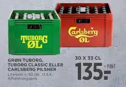 MENY GRØN TUBORG, TUBORG CLASSIC ELLER CARLSBERG PILSNER, DKK 135 tilbud