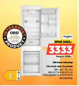 Power Whirlpool 178 cm int. køle-/fryseskab WHC18D011B1 tilbud