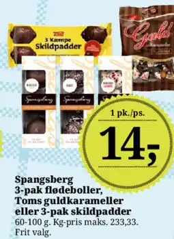 Dagli'Brugsen Spangsberg 3-pak flødeboller, Toms guldkarameller eller 3-pak skildpadder tilbud