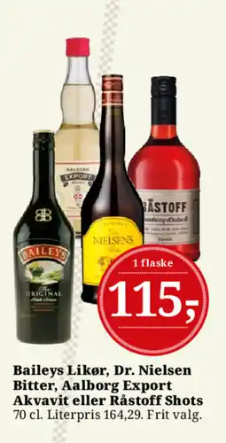 Dagli'Brugsen Baileys Likør, Dr. Nielsen Bitter, Aalborg Export Akvavit eller Råstoff Shots tilbud
