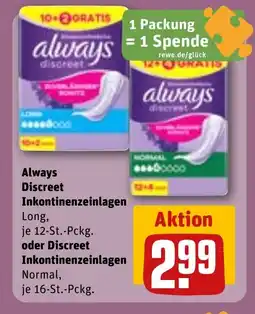 REWE DE Always Discreet Inkontinenzeinlagen oder Discreet Inkontinenzeinlagen tilbud