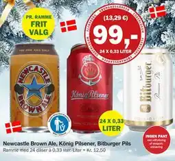 Købmandsgården Newcastle Brown Ale, König Pilsener, Bitburger Pils, DKK 99 tilbud