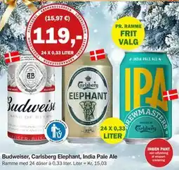 Købmandsgården Budweiser, Carlsberg Elephant, India Pale Ale, DKK 119 tilbud