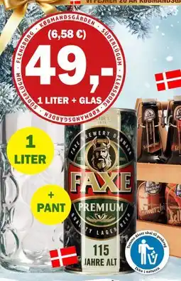 Købmandsgården 1 liter Faxe Premium dåse + glas, DKK 49 tilbud