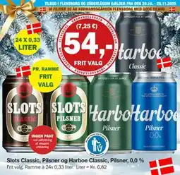 Købmandsgården Slots Classic, Pilsner og Harboe Classic, Pilsner, 0,0%, DKK 54 tilbud