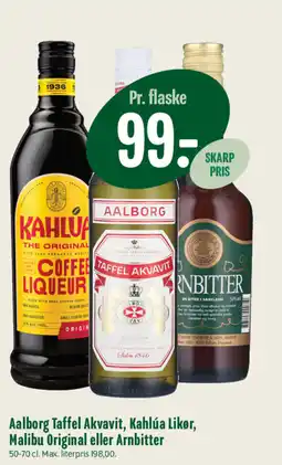 Min Købmand Aalborg Taffel Akvavit, Kahlúa Likør, Malibu Original eller Arnbitter tilbud