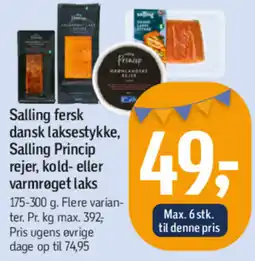 Føtex Salling fersk dansk laksestykke, Salling Princip rejer, kold- eller varmrøget laks tilbud