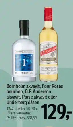 Føtex Bornholm akvavit, Four Roses bourbon, O.P. Anderson akvavit, Porse akvavit eller Underberg dåsen tilbud