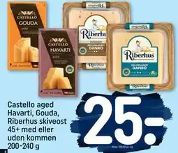 REMA 1000 Castello aged Havarti, Gouda, Riberhus skiveost 45+ med eller uden kommen 200-240 g, DKK 25 tilbud