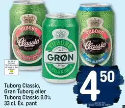 REMA 1000 Tuborg Classic, Grøn Tuborg eller Tuborg Classic 0.0% 33 cl. Ex. pant, DKK 4.5 tilbud