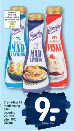 REMA 1000 Cremefine til madlavning eller piskning 7%, 15% eller 19% 250 ml, DKK 9 tilbud