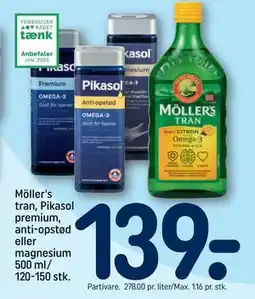 REMA 1000 Möller's tran, Pikasol premium, anti-opstød eller magnesium 500 ml/ 120-150 stk, DKK 139 tilbud