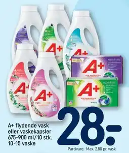 REMA 1000 A+ flydende vask eller vaskekapsler 675-900 ml/10 stk. 10-15 vaske, DKK 28 tilbud