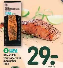 REMA 1000 REMA 1000 varmrøget laks med peber 125 g, DKK 29 tilbud