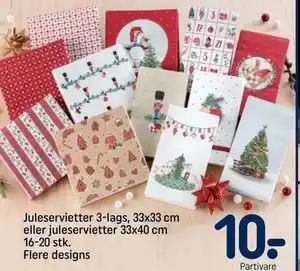 REMA 1000 Juleservietter 3-lags, 33x33 cm eller juleservietter 33x40 cm 16-20 stk. Flere designs, DKK 10 tilbud