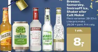 SuperBrugsen Breezer,Somersby,Smirnoff Ice, Shaker Eller Cult Mokai tilbud