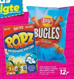 Bilka Popz popcorn 3-pak, Lay’s, Bugles, Cheetos eller Doritos chips, DKK 12 tilbud