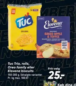 Bilka Tuc Trio, rolls, Oreo family eller Elovena biscuits, DKK 25 tilbud