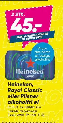 Bilka Heineken, Royal Classic eller Pilsner alkoholfri øl, DKK 45 tilbud
