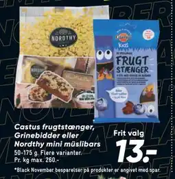 Bilka Castus frugtstænger, Grinebidder eller Nordthy mini müslibars, DKK 13 tilbud