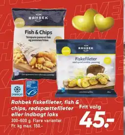 Bilka Rahbek fiskefileter, fish & chips, rødspættefileter eller indbagt laks, DKK 45 tilbud