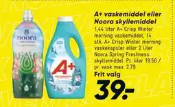 Bilka A+ vaskemiddel eller Noora skyllemiddel, DKK 39 tilbud