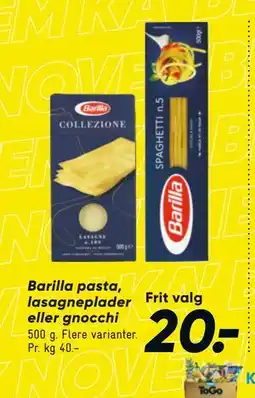 Bilka Barilla pasta, lasagneplader eller gnocchi, DKK 20 tilbud