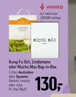 Føtex Kung Fu Girl, Lindemans eller Mucho Mas Bag-in-Box, DKK 130 tilbud