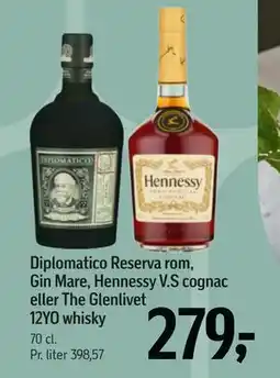 Føtex Diplomatico Reserva rom, Gin Mare, Hennessy V.S cognac eller The Glenlivet 12YO whisky, DKK 279 tilbud