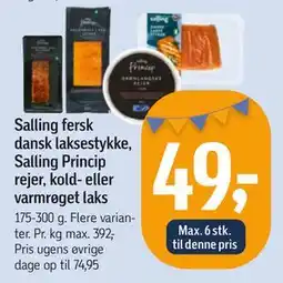 Føtex Salling fersk dansk laksestykke, Salling Princip rejer, kold- eller varmrøget laks, DKK 49 tilbud