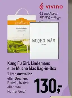 Føtex Kung Fu Girl, Lindemans eller Mucho Mas Bag-in-Box, DKK 130 tilbud