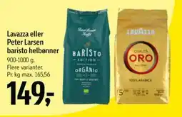 Føtex Lavazza eller Peter Larsen baristo helbønner, DKK 149 tilbud